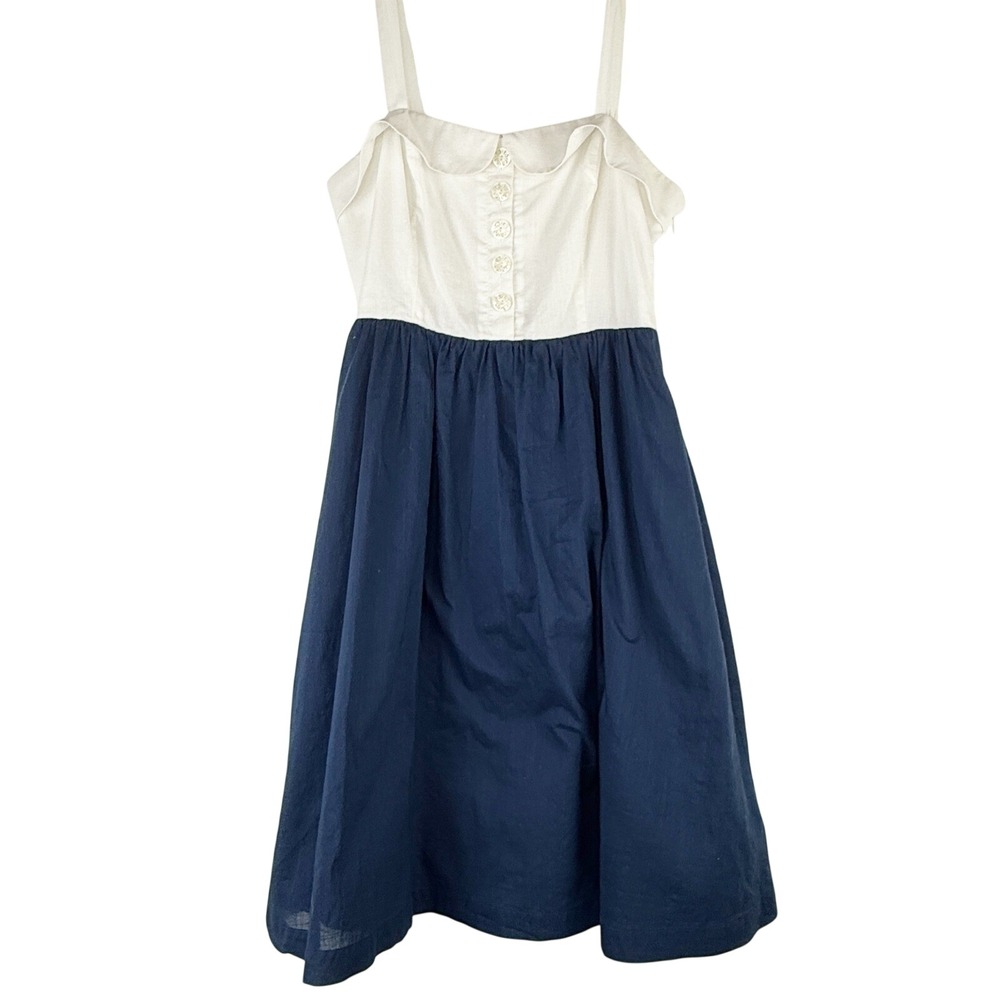 Maeve Anthropologie Navy Blue White Peter Pan Collar Smocked Back Dress Size 6